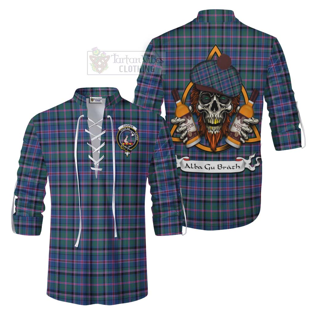 Tartan Vibes Clothing Cooper Tartan Ghillie Kilt Shirt with Family Crest and Bearded Skull Holding Bottles of Whiskey