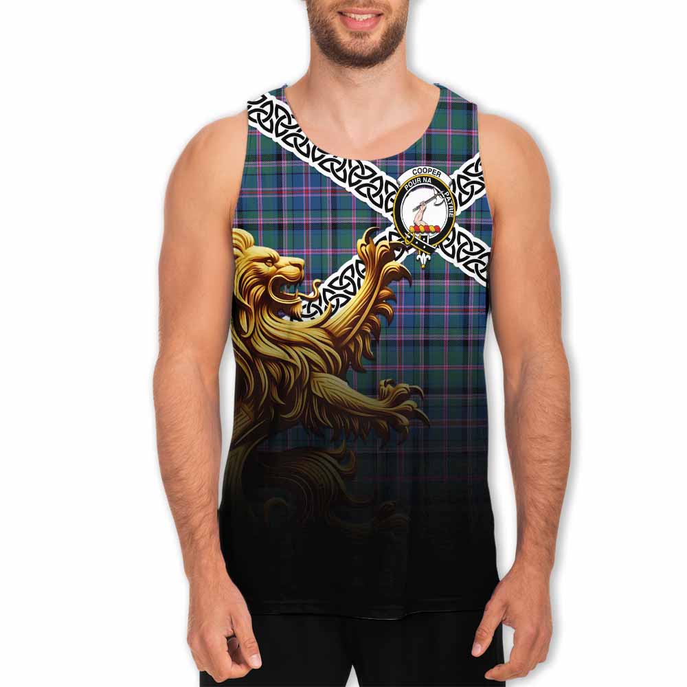 Tartan Vibes Clothing Cooper Crest Tartan Men's Tank Top with Golden Lion Emblem Celtic Style