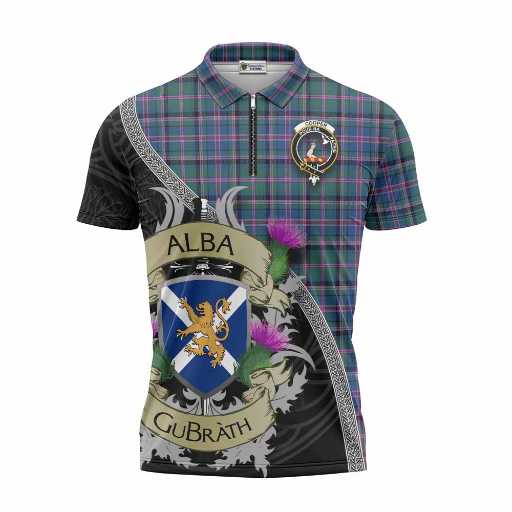 Tartan Vibes Clothing Cooper Tartan Family Crest Zipper Polo Shirt Lion Rampant Royal Thistle Shield Celtic Inspired