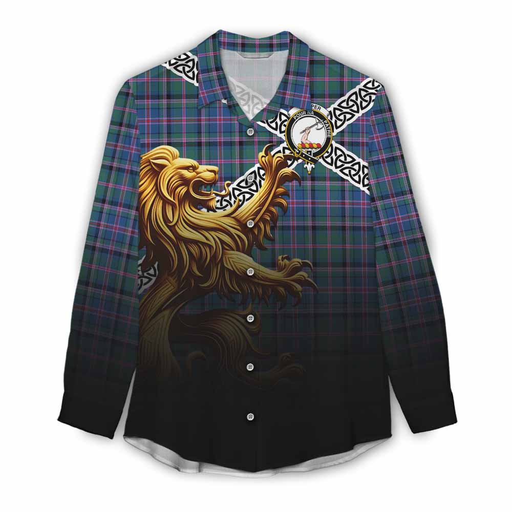 Tartan Vibes Clothing Cooper Crest Tartan Women's Casual Shirt with Golden Lion Emblem Celtic Style