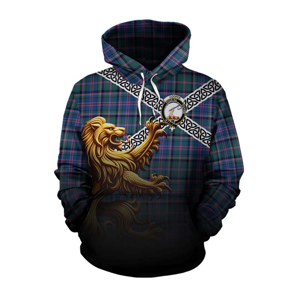 Tartan Vibes Clothing Cooper Crest Tartan Cotton Hoodie with Golden Lion Emblem Celtic Style