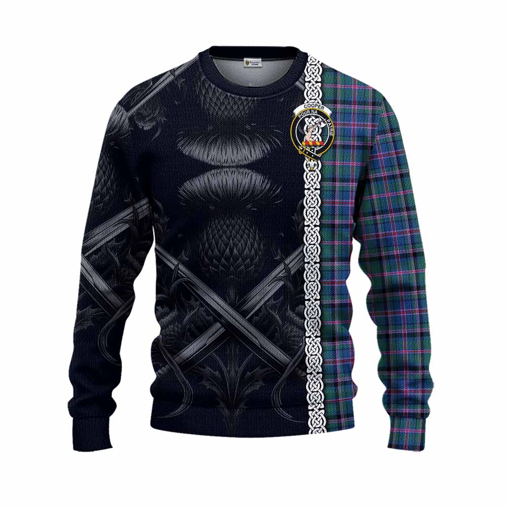 Tartan Vibes Clothing Cooper Tartan Knitted Sweater with Family Crest Cross Sword Thistle Celtic Vibes