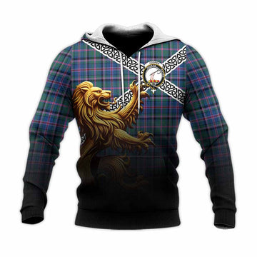 Cooper Crest Tartan Knitted Hoodie with Golden Lion Emblem Celtic Style
