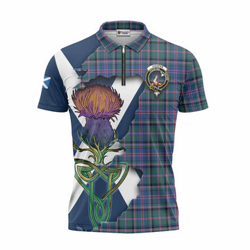 Cooper Tartan Family Crest Zipper Polo Shirt Scottish Thistle Celtic Inspired