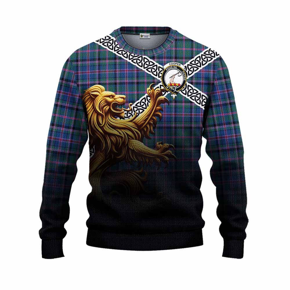 Tartan Vibes Clothing Cooper Crest Tartan Knitted Sweater with Golden Lion Emblem Celtic Style