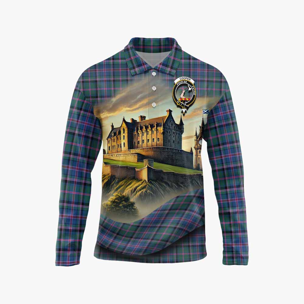 Tartan Vibes Clothing Cooper Tartan Family Crest Long Sleeve Polo Shirt with Scottish Ancient Castle Style
