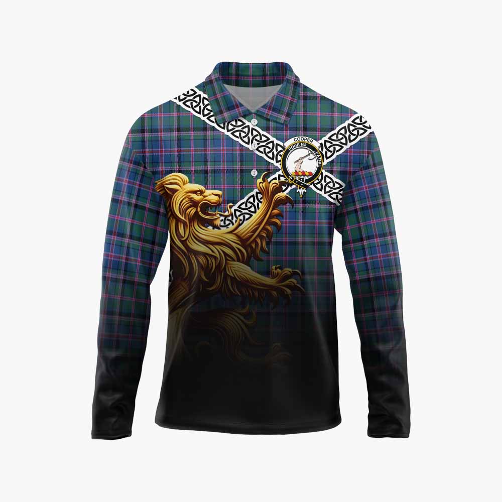Tartan Vibes Clothing Cooper Crest Tartan Long Sleeve Polo Shirt with Golden Lion Emblem Celtic Style