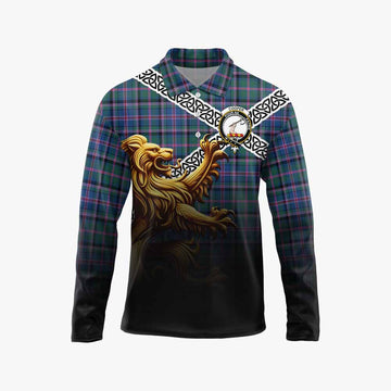 Cooper Crest Tartan Long Sleeve Polo Shirt with Golden Lion Emblem Celtic Style