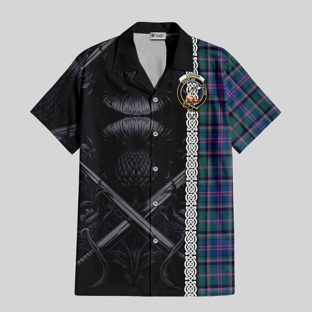 Tartan Vibes Clothing Cooper Tartan Short Sleeve Button Shirt with Family Crest Cross Sword Thistle Celtic Vibes