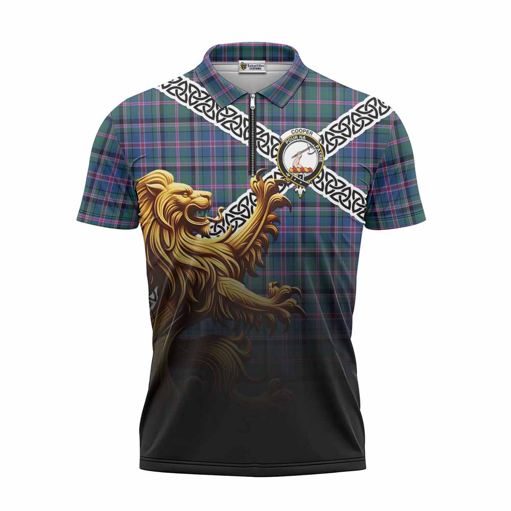 Tartan Vibes Clothing Cooper Crest Tartan Zipper Polo Shirt with Golden Lion Emblem Celtic Style