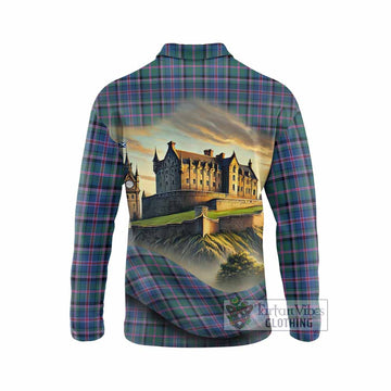 Cooper Tartan Family Crest Long Sleeve Polo Shirt with Scottish Ancient Castle Style
