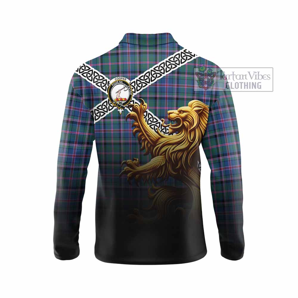 Tartan Vibes Clothing Cooper Crest Tartan Long Sleeve Polo Shirt with Golden Lion Emblem Celtic Style