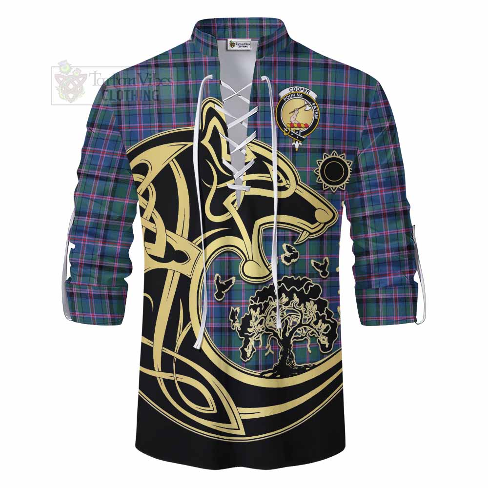Tartan Vibes Clothing Cooper Tartan Ghillie Kilt Shirt with Family Crest Celtic Wolf Style