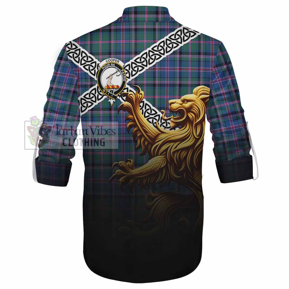 Tartan Vibes Clothing Cooper Crest Tartan Ghillie Kilt Shirt with Golden Lion Emblem Celtic Style