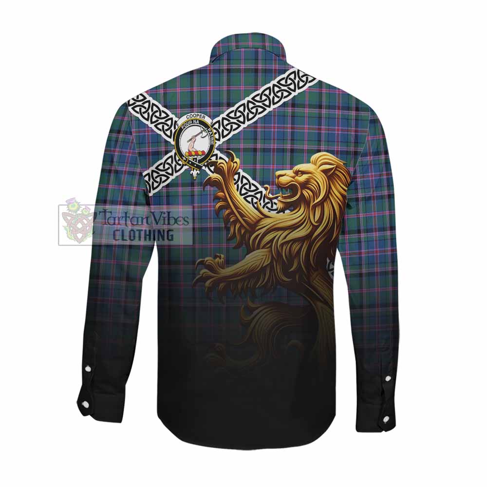 Tartan Vibes Clothing Cooper Crest Tartan Long Sleeve Button Shirt with Golden Lion Emblem Celtic Style