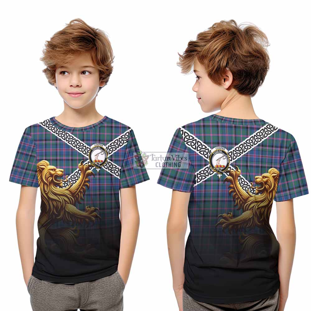 Tartan Vibes Clothing Cooper Crest Tartan Kid T-Shirt with Golden Lion Emblem Celtic Style