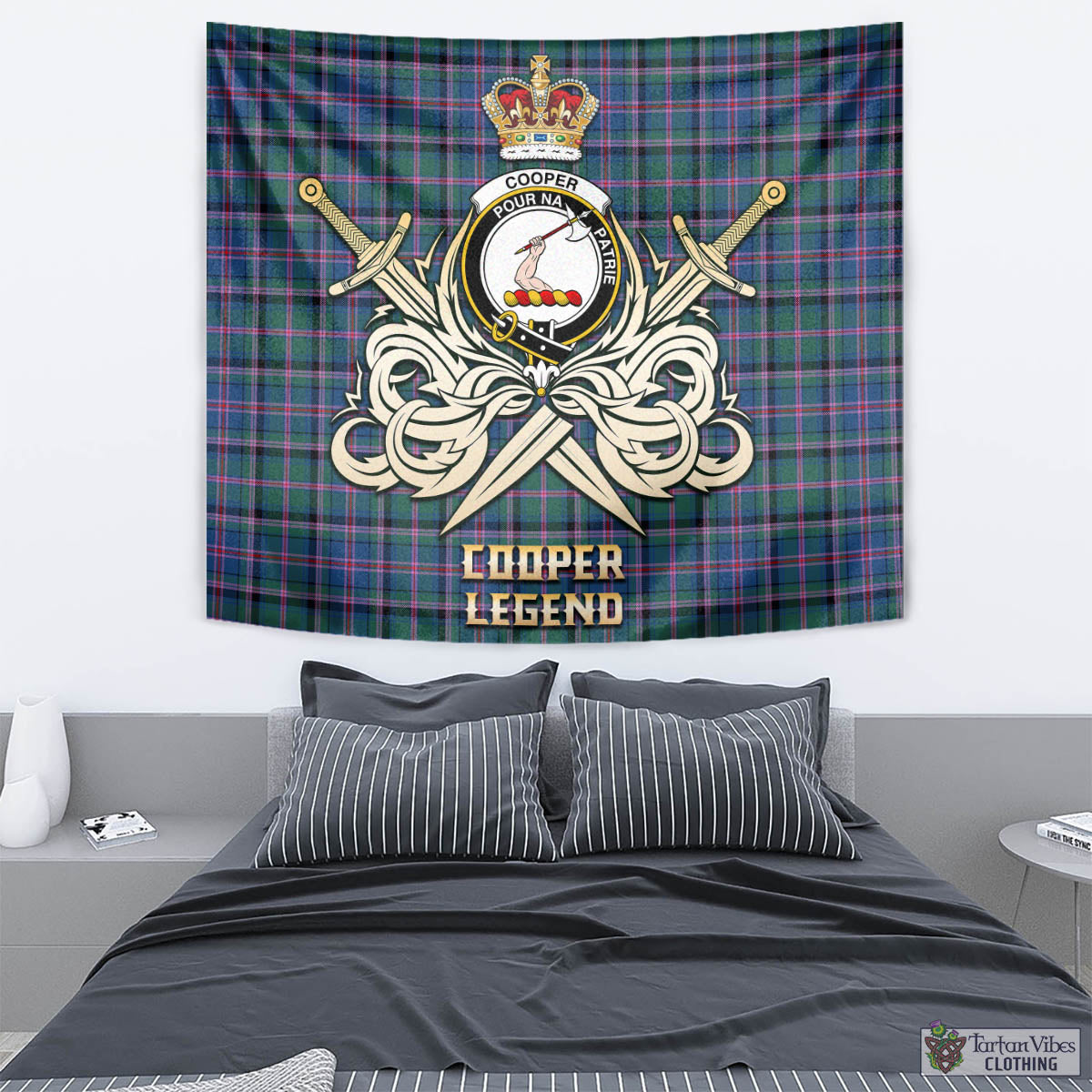 Tartan Vibes Clothing Cooper Tartan Tapestry with Clan Crest and the Golden Sword of Courageous Legacy
