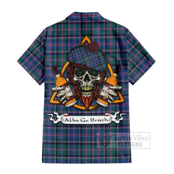 Tartan Vibes Clothing Cooper Tartan Short Sleeve Button Shirt with Family Crest and Bearded Skull Holding Bottles of Whiskey