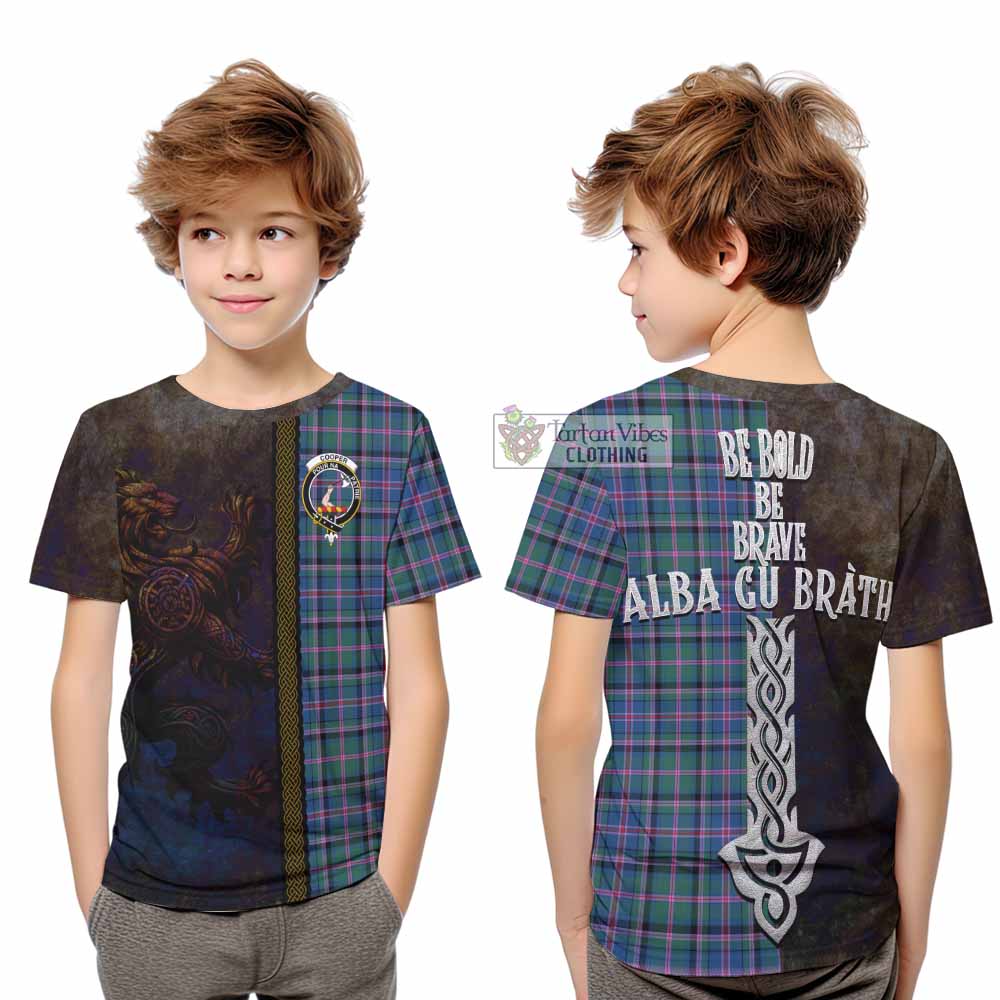 Tartan Vibes Clothing Cooper Tartan Family Crest Kid T-Shirt Alba Gu Brath Be Brave Lion Ancient Style