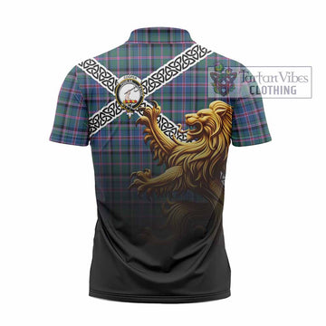 Cooper Crest Tartan Zipper Polo Shirt with Golden Lion Emblem Celtic Style