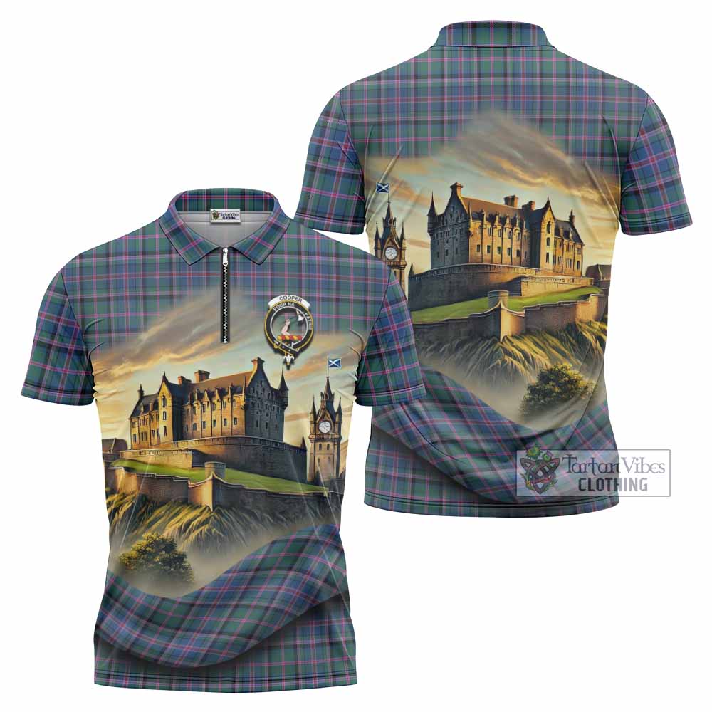 Tartan Vibes Clothing Cooper Tartan Family Crest Zipper Polo Shirt with Scottish Ancient Castle Stype