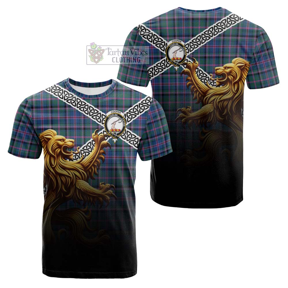 Tartan Vibes Clothing Cooper Crest Tartan Cotton T-shirt with Golden Lion Emblem Celtic Style