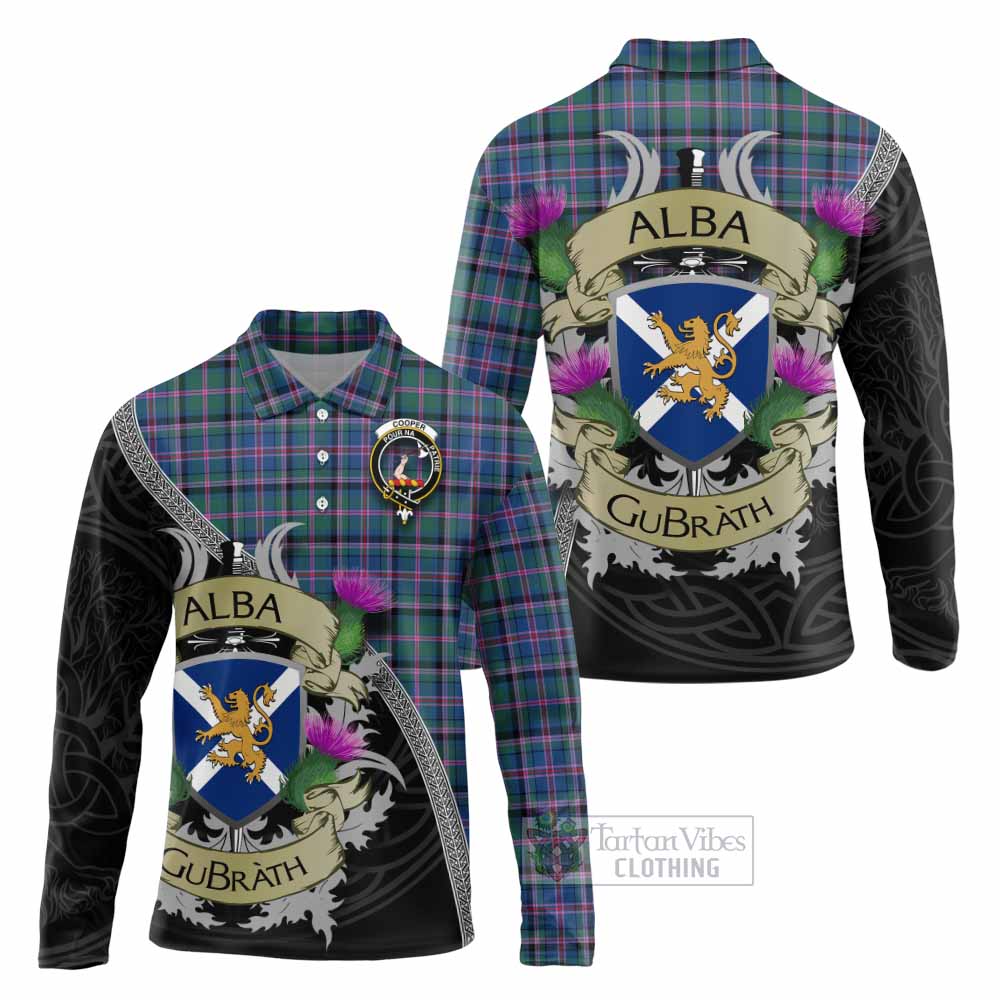 Tartan Vibes Clothing Cooper Tartan Family Crest Long Sleeve Polo Shirt Lion Rampant Royal Thistle Shield Celtic Inspired