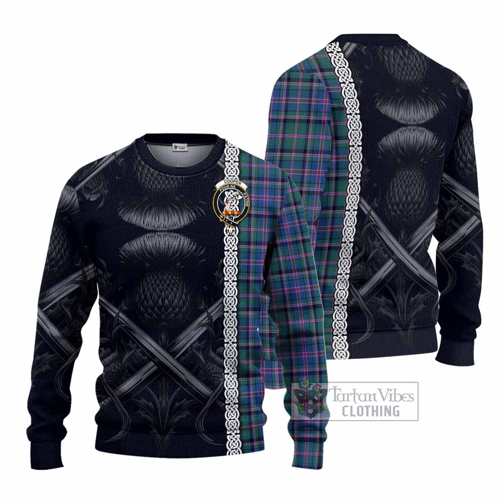 Tartan Vibes Clothing Cooper Tartan Knitted Sweater with Family Crest Cross Sword Thistle Celtic Vibes