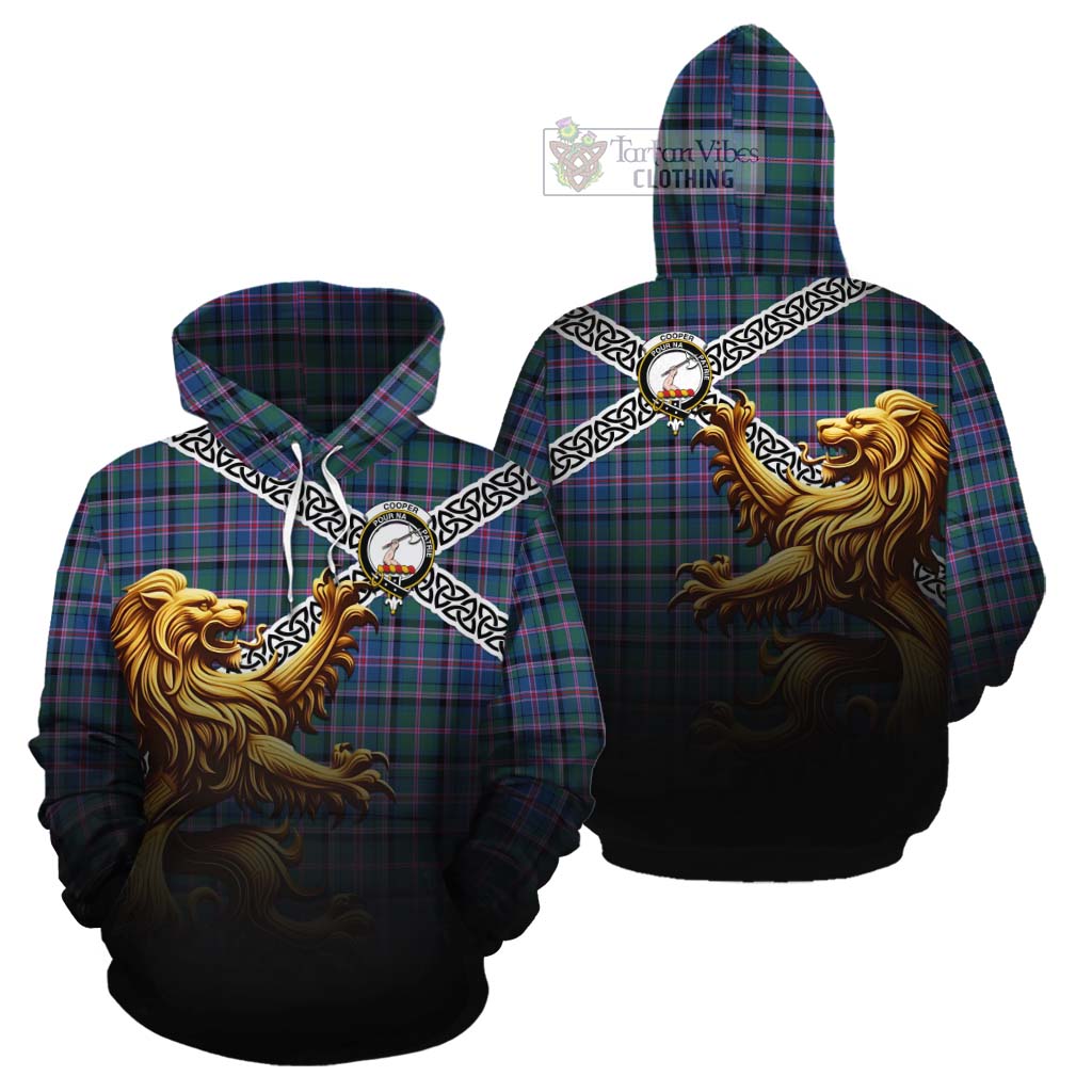 Tartan Vibes Clothing Cooper Crest Tartan Cotton Hoodie with Golden Lion Emblem Celtic Style