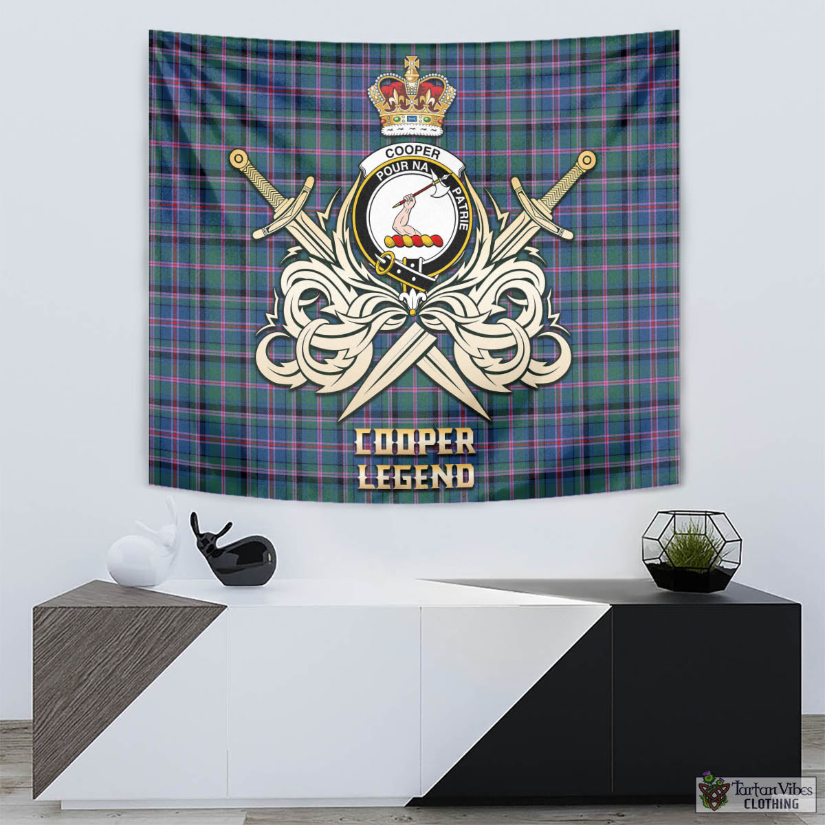Tartan Vibes Clothing Cooper Tartan Tapestry with Clan Crest and the Golden Sword of Courageous Legacy