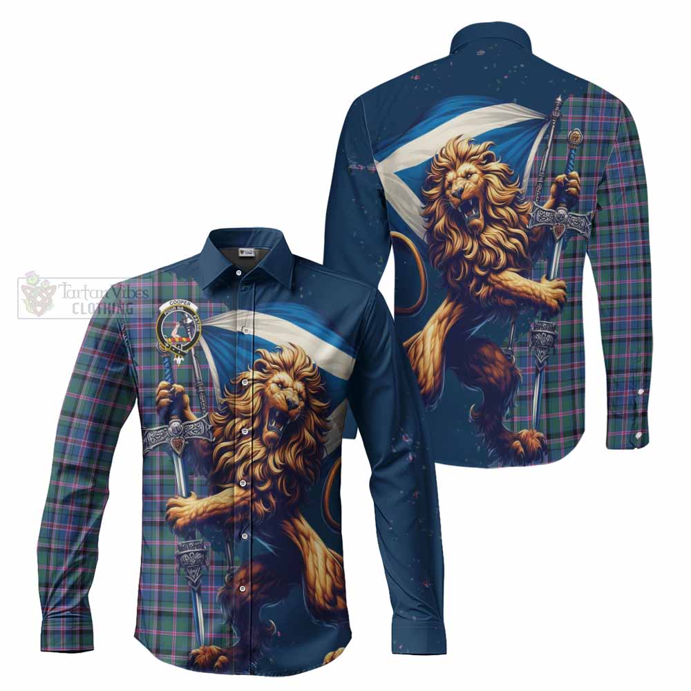 Tartan Vibes Clothing Cooper Tartan Family Crest Long Sleeve Button Shirt with Scottish Majestic Lion