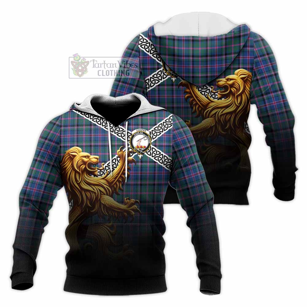 Tartan Vibes Clothing Cooper Crest Tartan Knitted Hoodie with Golden Lion Emblem Celtic Style