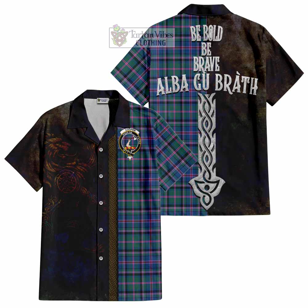 Tartan Vibes Clothing Cooper Tartan Family Crest Short Sleeve Button Shirt Alba Gu Brath Be Brave Lion Ancient Style