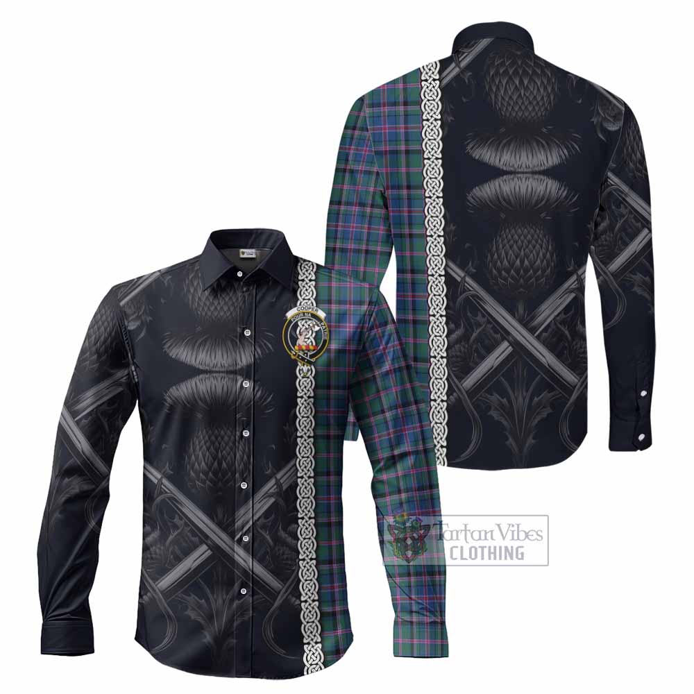 Tartan Vibes Clothing Cooper Tartan Long Sleeve Button Shirt with Family Crest Cross Sword Thistle Celtic Vibes