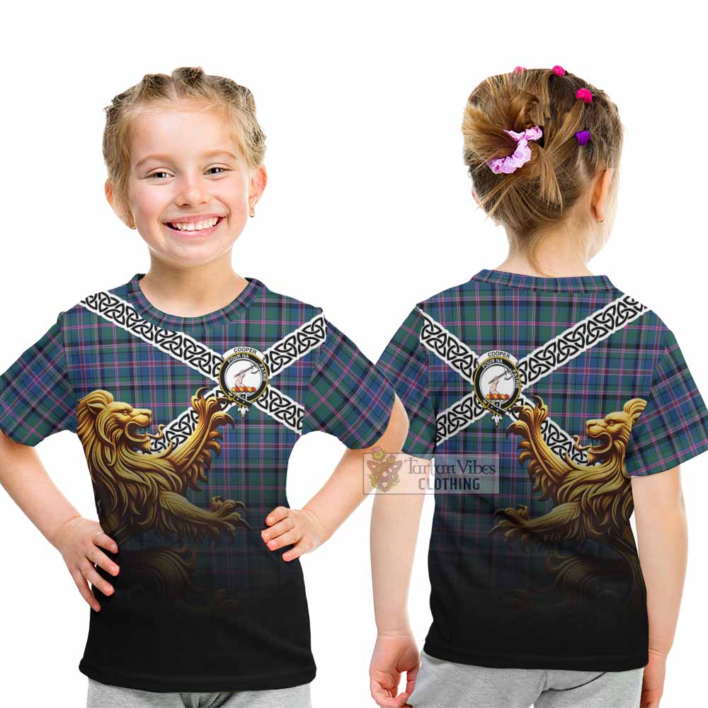 Tartan Vibes Clothing Cooper Crest Tartan Kid T-Shirt with Golden Lion Emblem Celtic Style