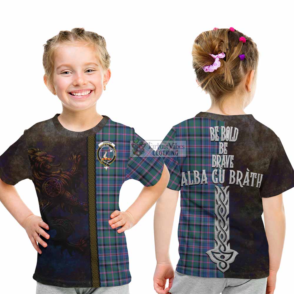Tartan Vibes Clothing Cooper Tartan Family Crest Kid T-Shirt Alba Gu Brath Be Brave Lion Ancient Style