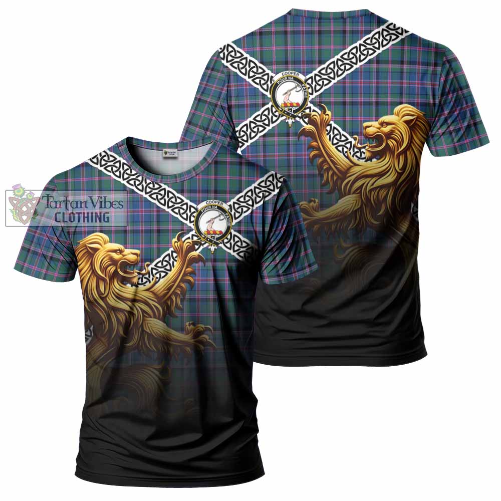 Tartan Vibes Clothing Cooper Crest Tartan T-Shirt with Golden Lion Emblem Celtic Style