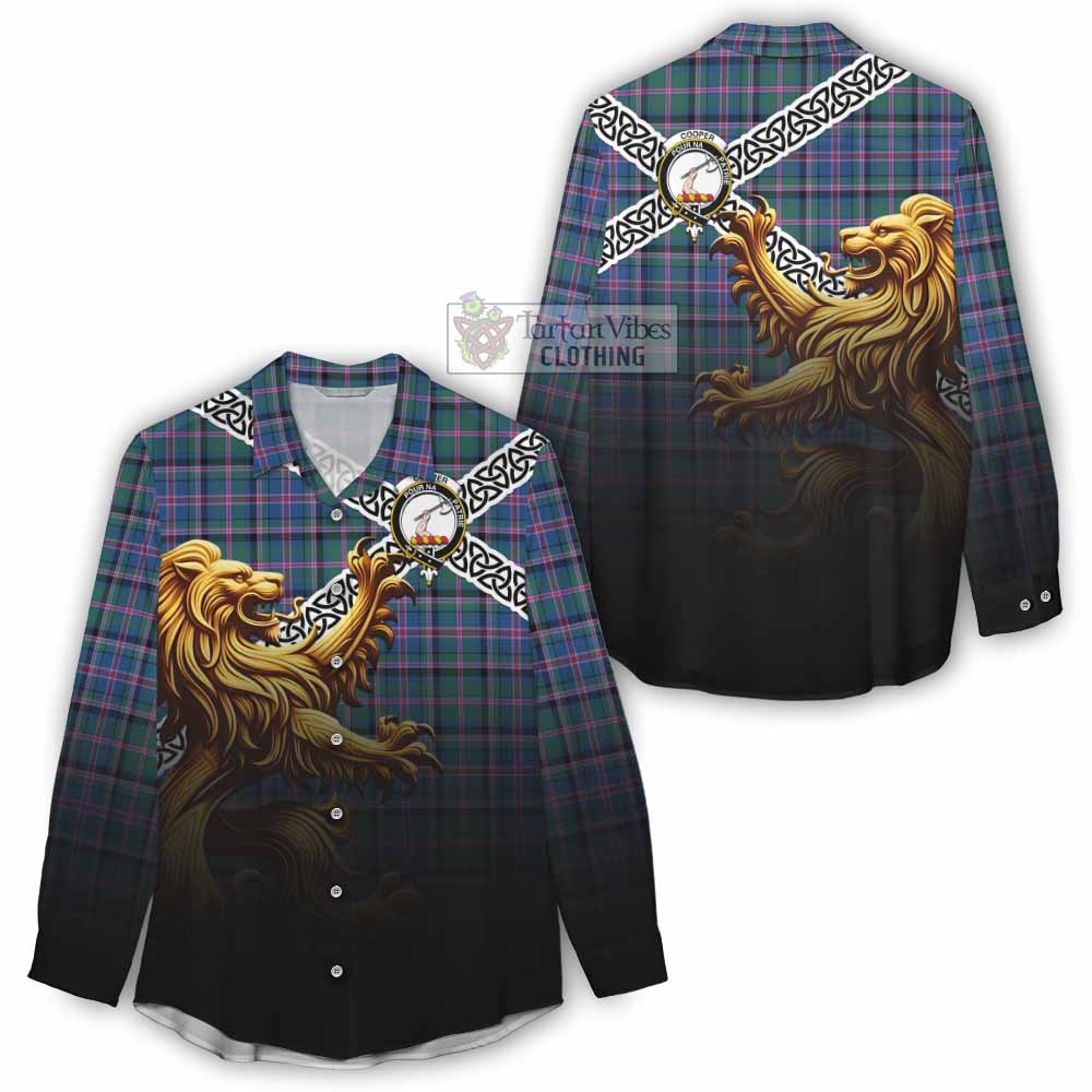 Tartan Vibes Clothing Cooper Crest Tartan Women's Casual Shirt with Golden Lion Emblem Celtic Style