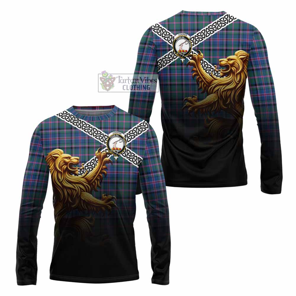 Tartan Vibes Clothing Cooper Crest Tartan Long Sleeve T-Shirt with Golden Lion Emblem Celtic Style