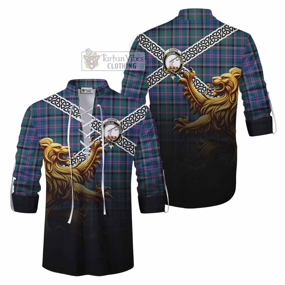 Tartan Vibes Clothing Cooper Crest Tartan Ghillie Kilt Shirt with Golden Lion Emblem Celtic Style