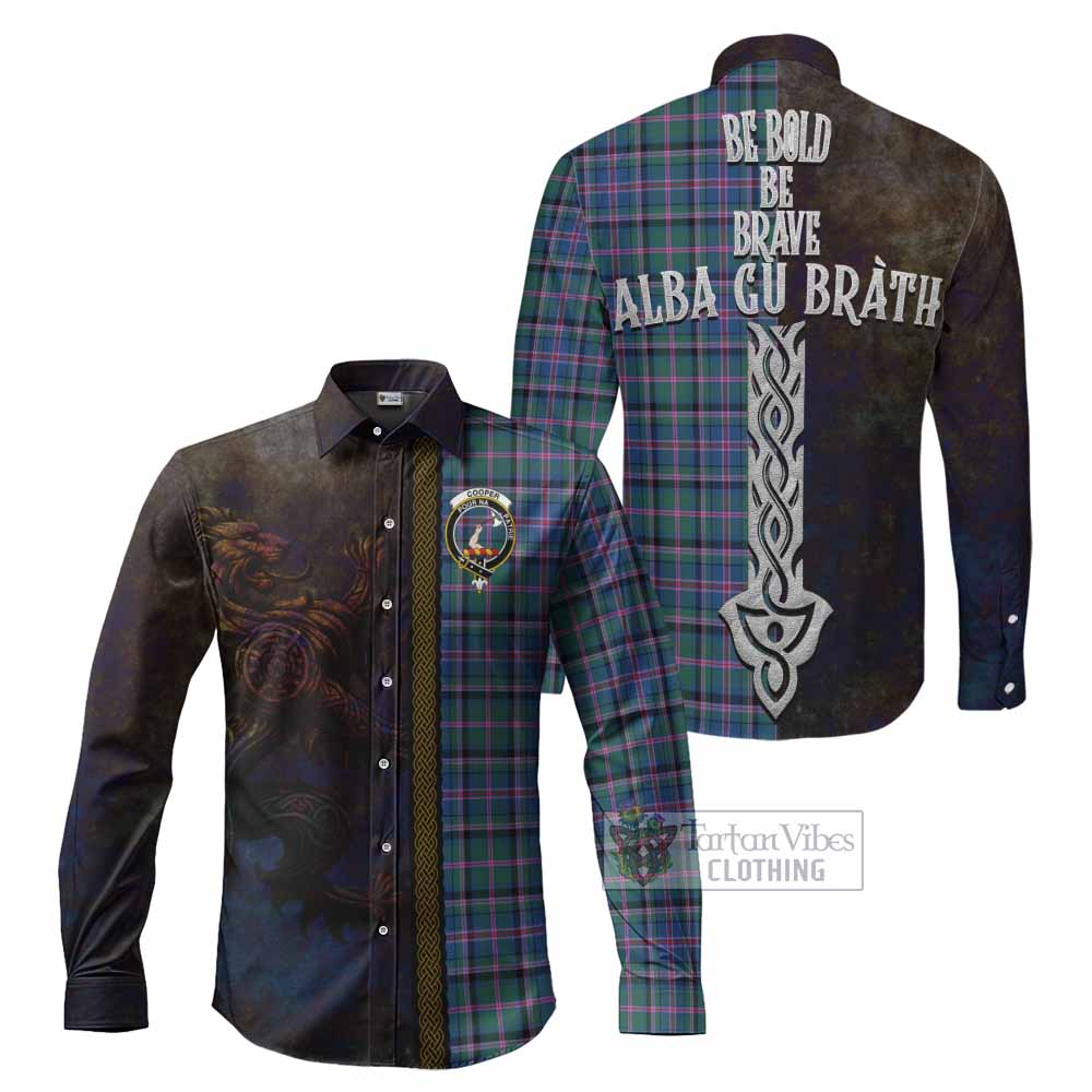 Tartan Vibes Clothing Cooper Tartan Family Crest Long Sleeve Button Shirt Alba Gu Brath Be Brave Lion Ancient Style