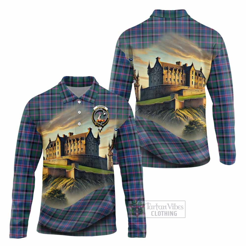 Tartan Vibes Clothing Cooper Tartan Family Crest Long Sleeve Polo Shirt with Scottish Ancient Castle Style