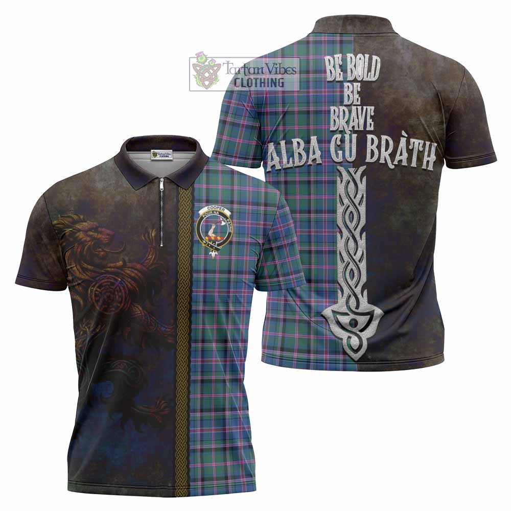 Tartan Vibes Clothing Cooper Tartan Family Crest Zipper Polo Shirt Alba Gu Brath Be Brave Lion Ancient Style