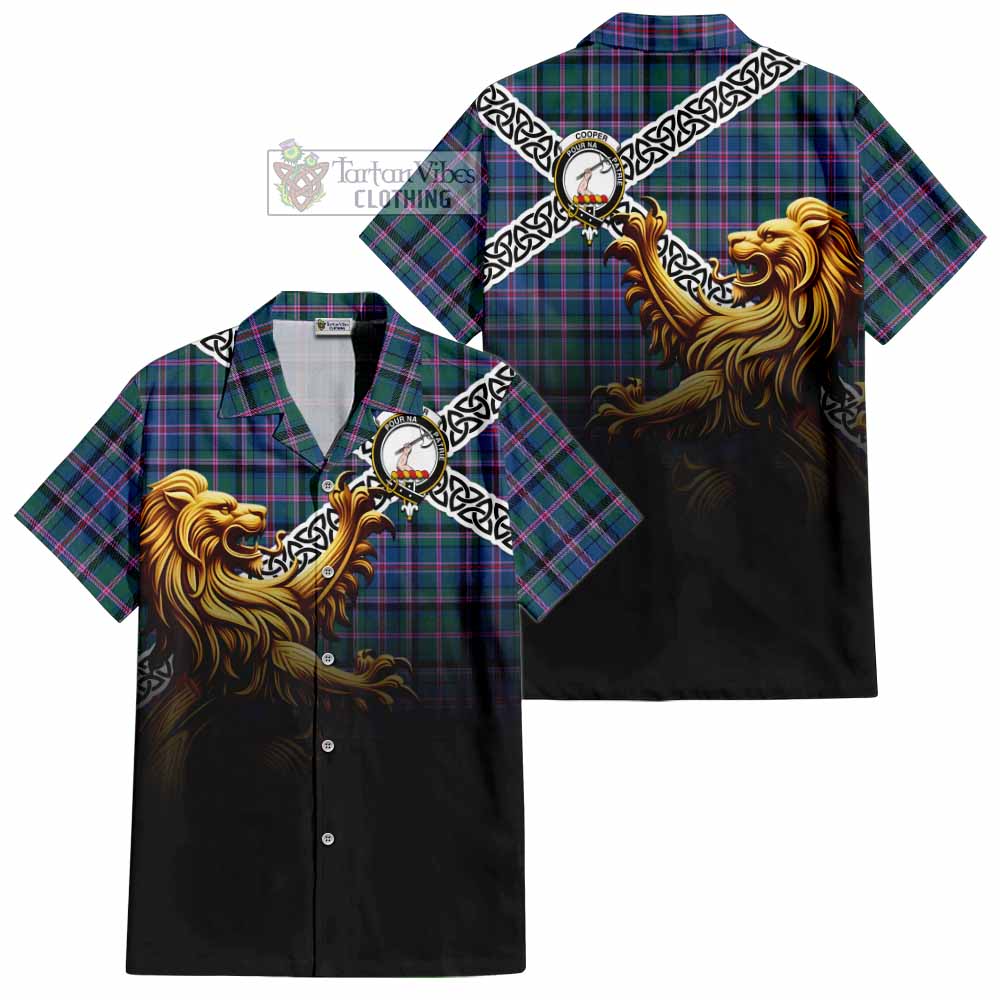 Tartan Vibes Clothing Cooper Crest Tartan Short Sleeve Button Shirt with Golden Lion Emblem Celtic Style