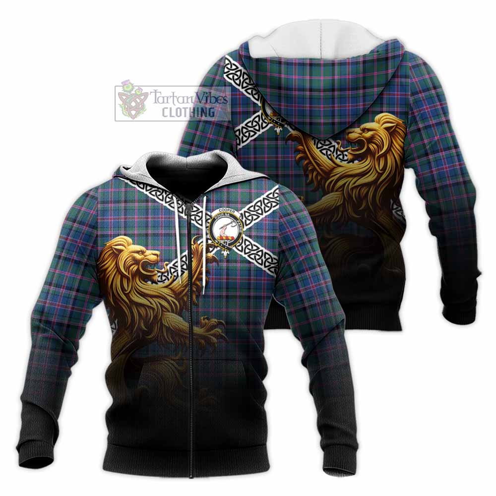 Tartan Vibes Clothing Cooper Crest Tartan Knitted Hoodie with Golden Lion Emblem Celtic Style