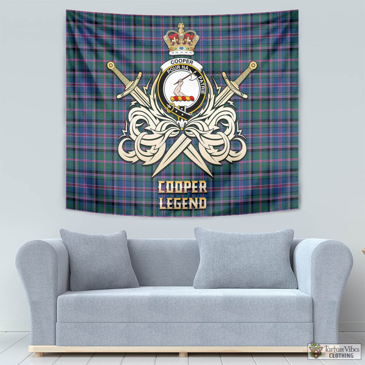 Tartan Vibes Clothing Cooper Tartan Tapestry with Clan Crest and the Golden Sword of Courageous Legacy