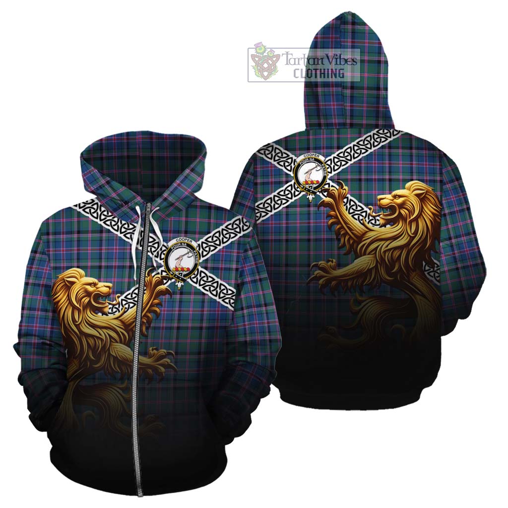 Tartan Vibes Clothing Cooper Crest Tartan Cotton Hoodie with Golden Lion Emblem Celtic Style