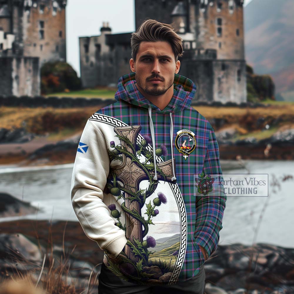 Tartan Vibes Clothing Cooper Tartan Cotton Hoodie with Family Crest and St. Andrew's Cross Accented by Thistle Vines