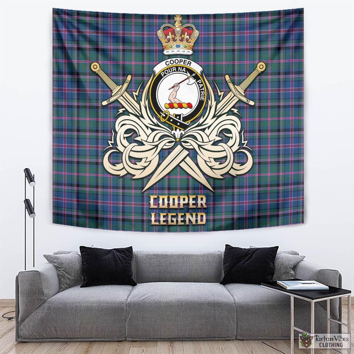 Tartan Vibes Clothing Cooper Tartan Tapestry with Clan Crest and the Golden Sword of Courageous Legacy