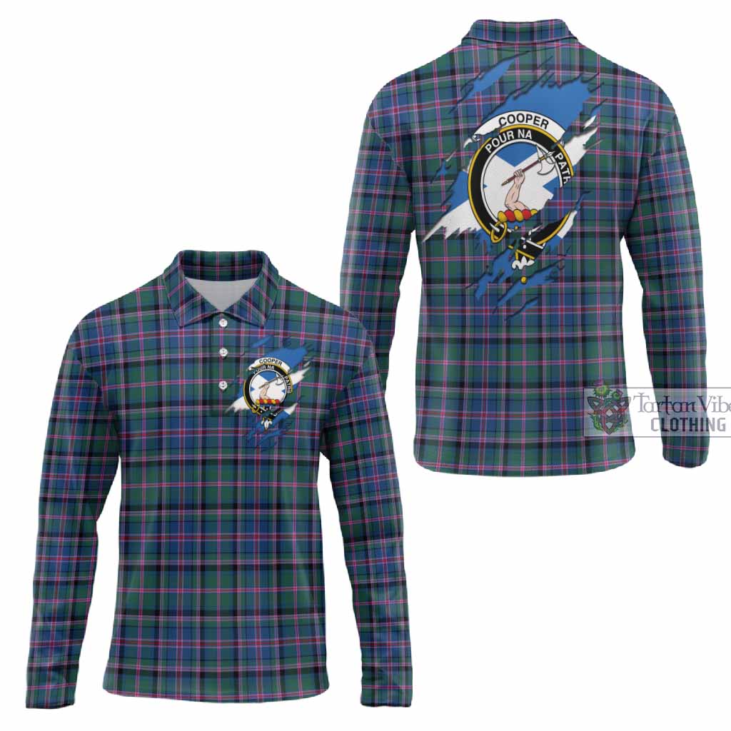 Cooper Clan Crest In Me Tartan Long Sleeve Polo Shirt Scotland Flag Style